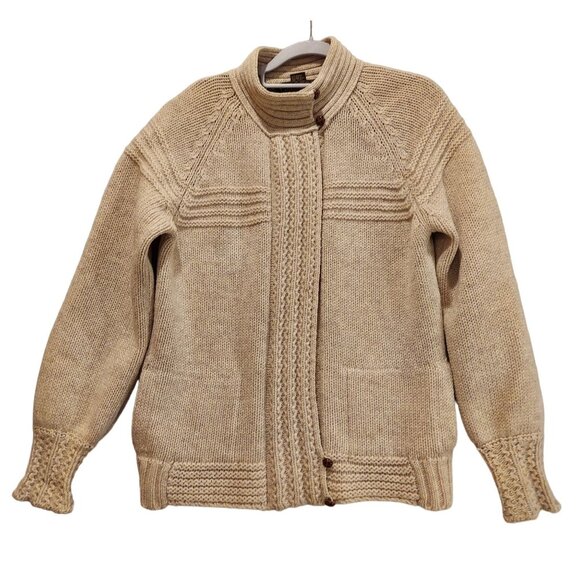 Eddie Bauer Sweaters - Eddie Bauer Womens M Beige Wool Cardigan Pockets Zip Textured Cuffs Boho Beachy